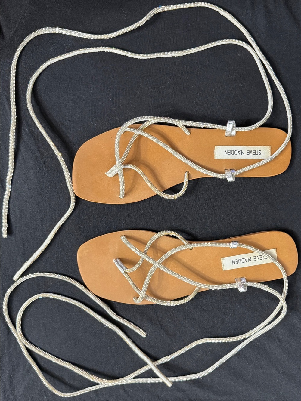 Steve Madden Tan Footbed Sandals with Silver Rhinestone Wrap Straps